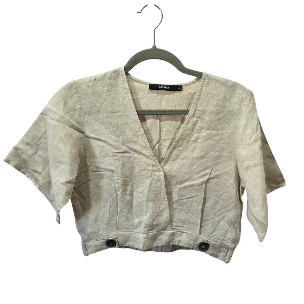 AMARO Linen Blend Crop Top Beige V Neck Button Hem‎ Minimalist Blouse 36